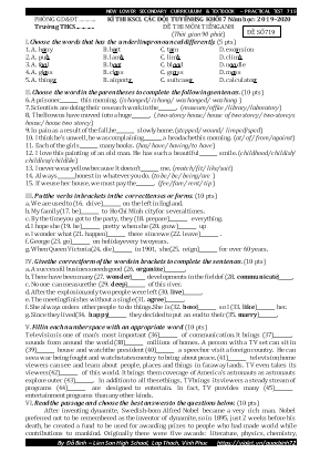 Đề thi khảo sát chất lượng đội tuyển học sinh giỏi môn Tiếng Anh Lớp 7 - Đề số 719 - Năm học 2019-2020 - Đỗ Bình